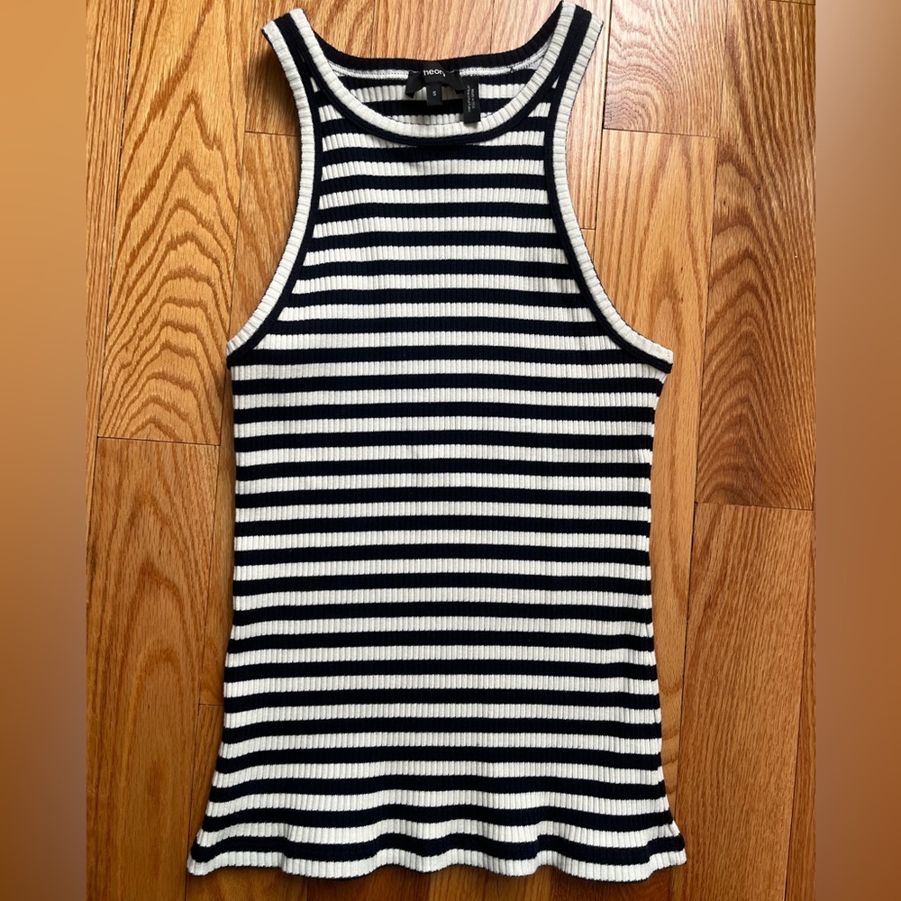 Theory Navy and Cream Striped Ribbed Racerback Tank Top